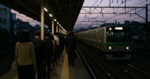 Commuters waiting in orderly lines on a Japanese train platform
