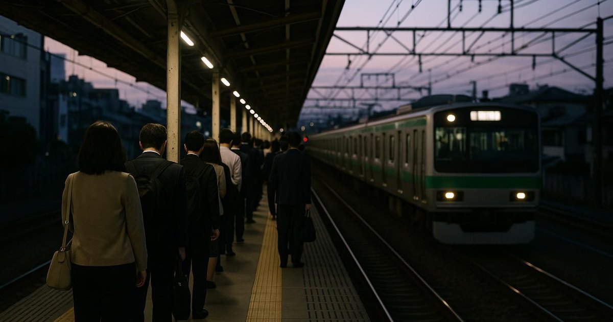 Commuters waiting in orderly lines on a Japanese train platform