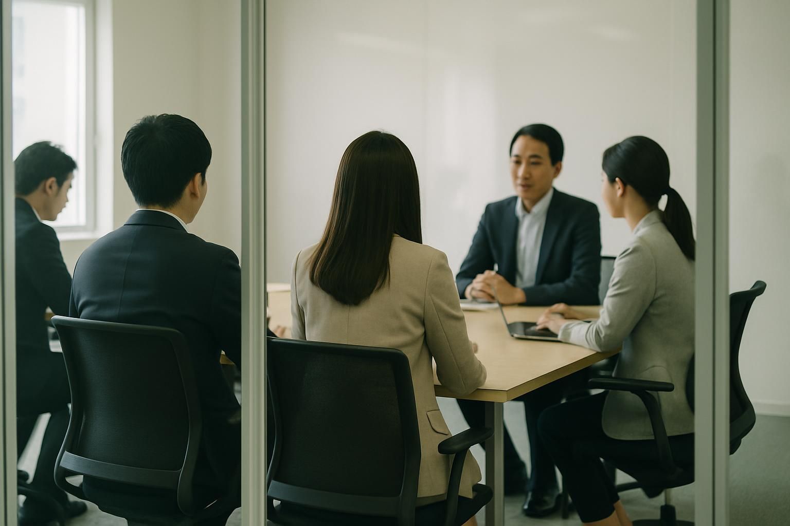 A Japanese office meeting room seen through a glass wall, several people seated around a table, viewed from behind