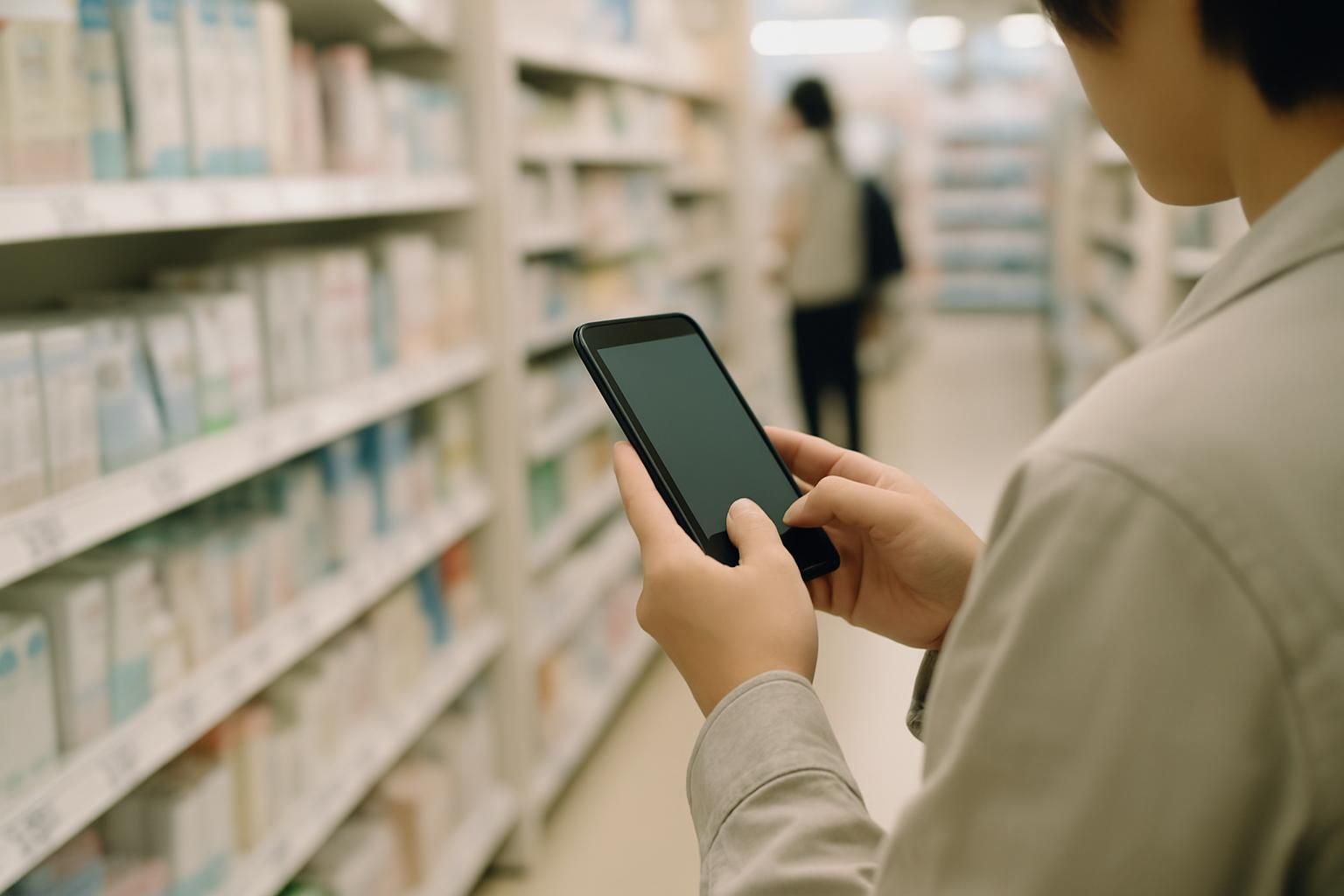 Close-up of hands holding a smartphone while shopping in a Japanese store aisle, product labels out of focus