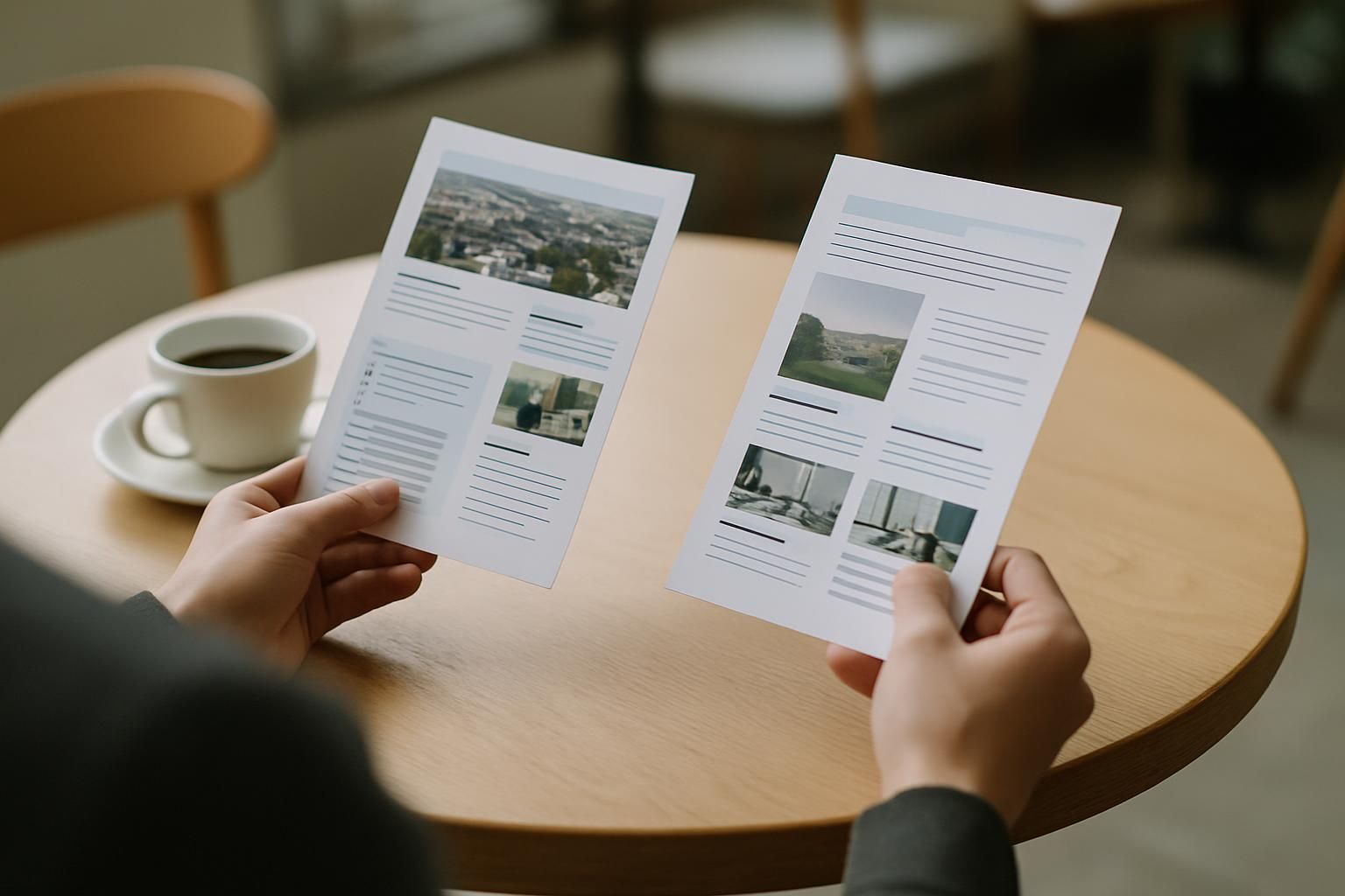 A person comparing two printed brochures at a cafe table, only hands and documents visible