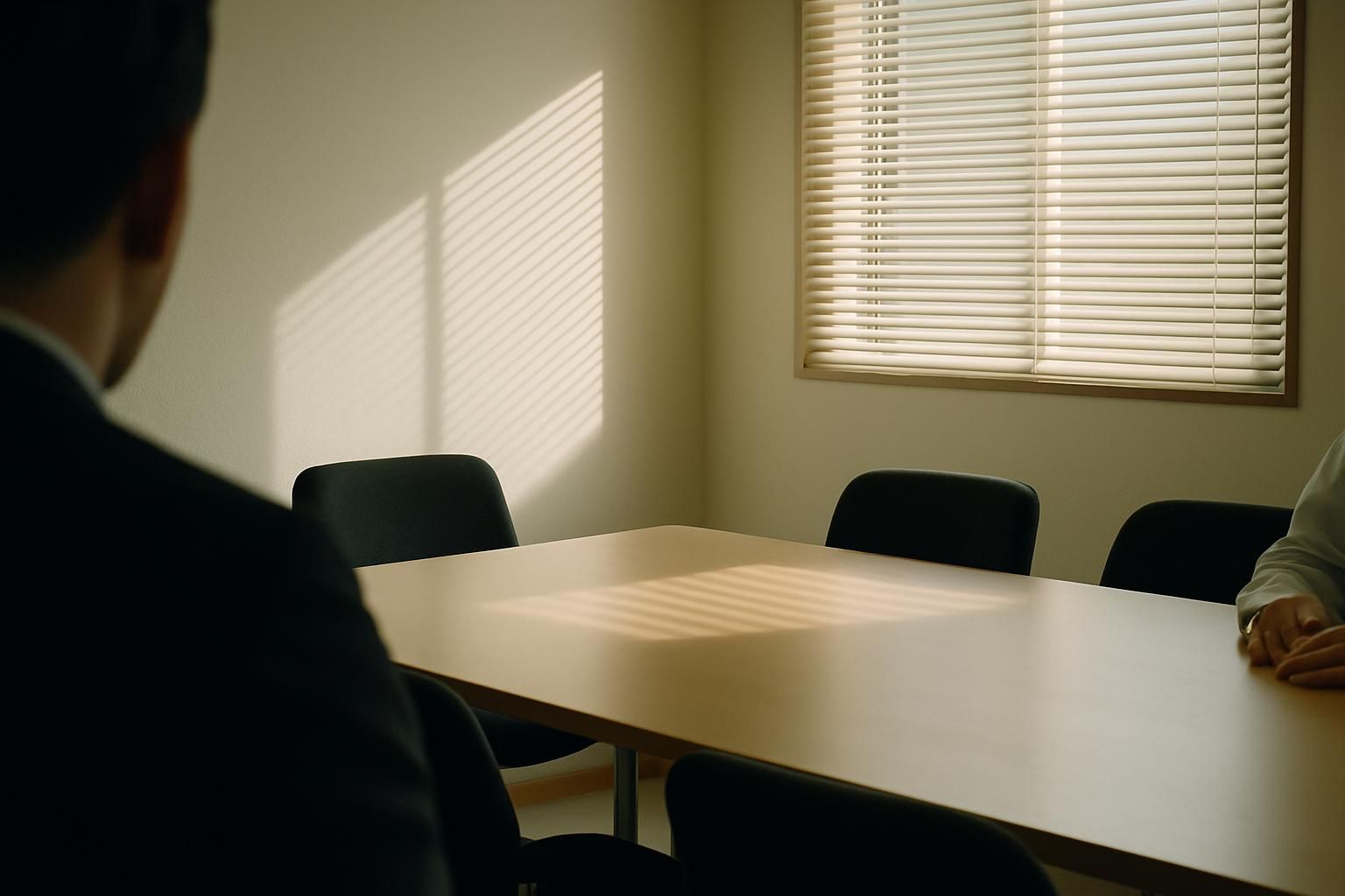 A quiet Japanese meeting room with an empty table and afternoon light through blinds