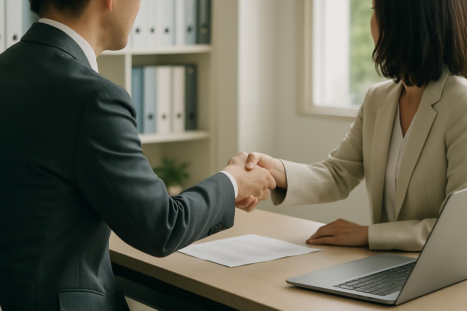 Two people shaking hands across a desk in a Japanese office, seen from the side, only torsos and hands visible