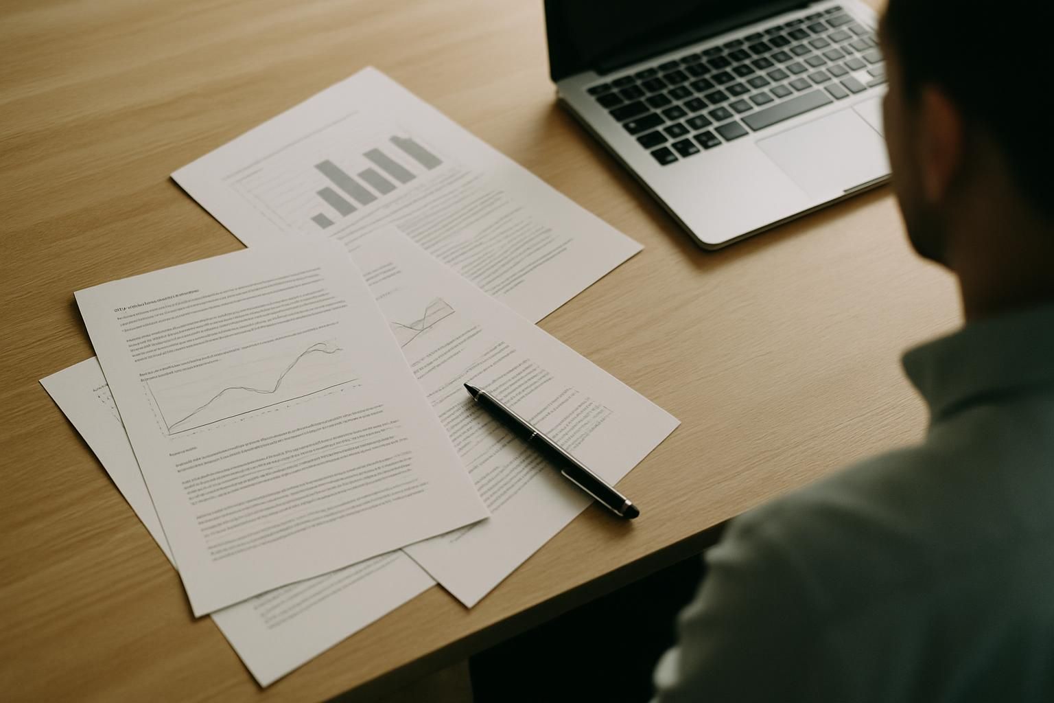 Printed documents and a pen on a wooden table beside a laptop, overhead view, no readable text