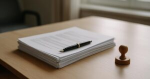 A company seal and printed documents on a desk
