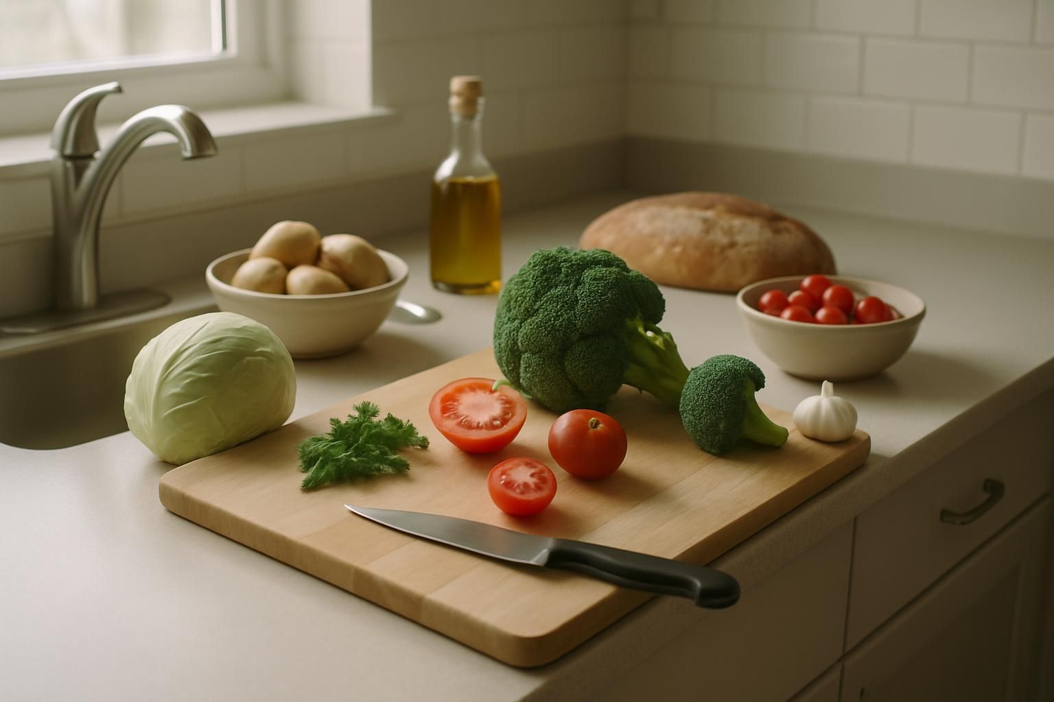 A home kitchen counter in soft daylight with fresh ingredients and a cutting board, no packaging visible