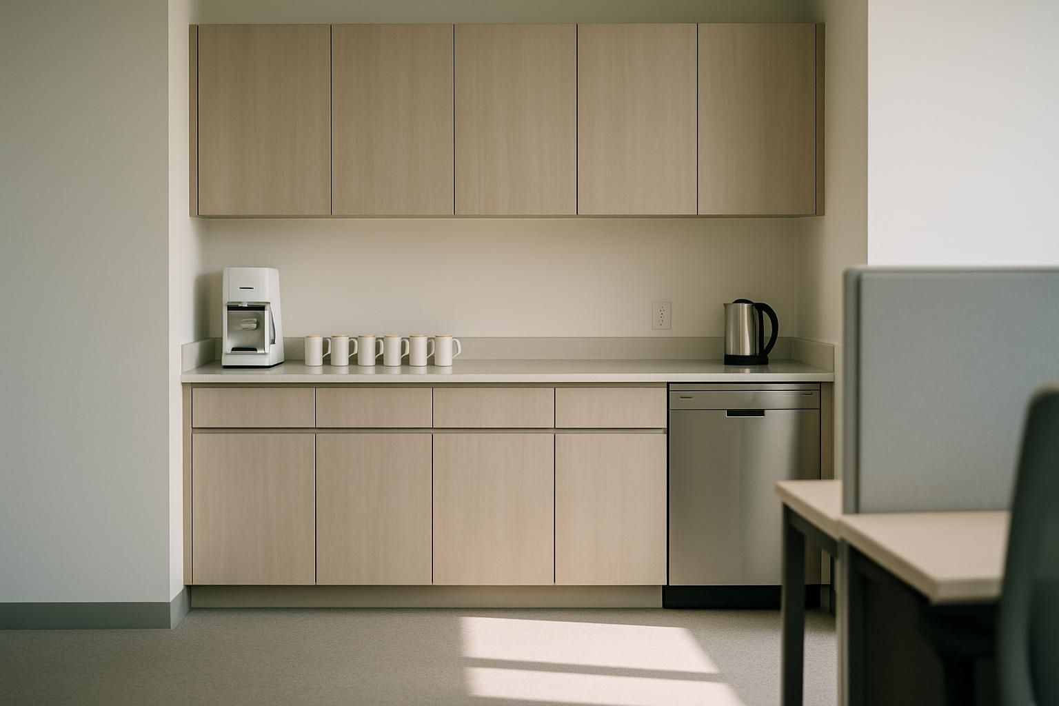An office pantry area with a counter and cups, seen from a distance, no branding or text visible