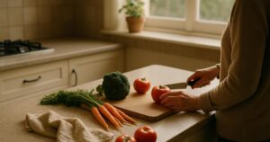 A home kitchen counter in soft daylight with fresh ingredients