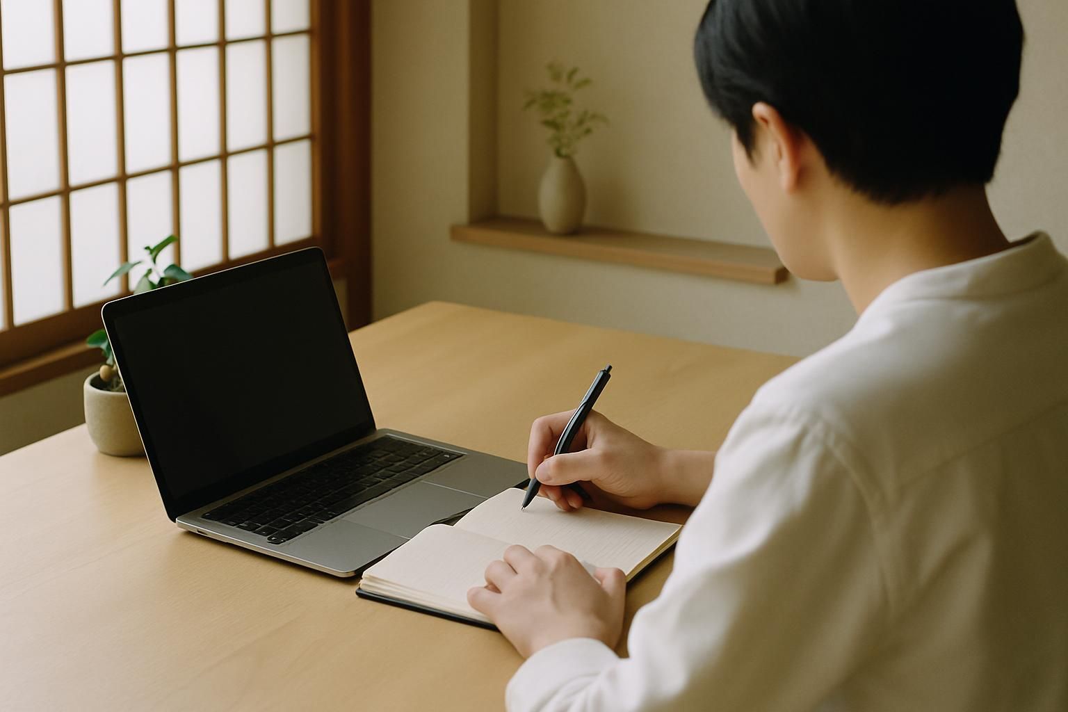 Hands writing notes in a notebook beside a laptop in a quiet Japanese workspace