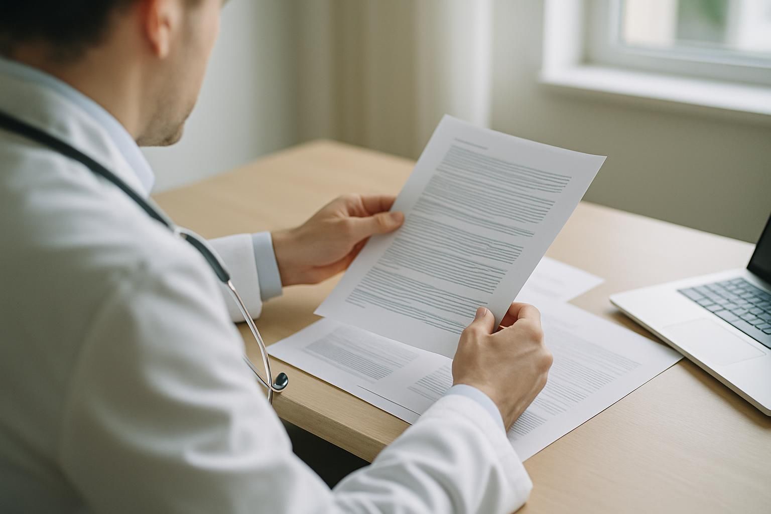 A doctor in a white coat reviewing printed documents at a desk, hands and documents in focus, face not visible