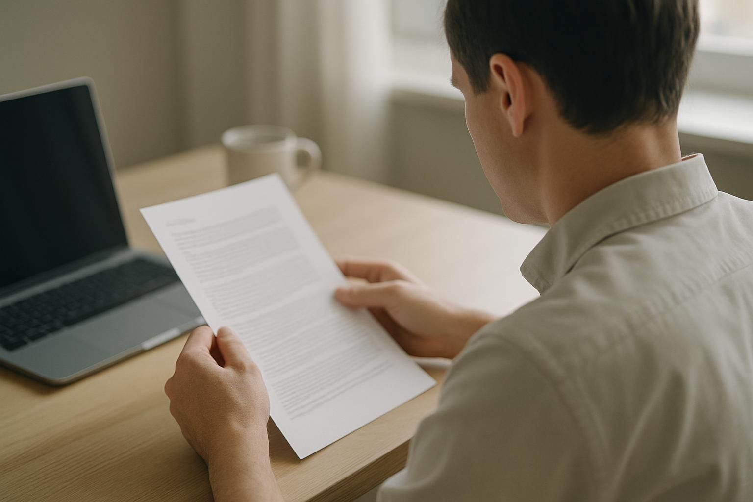 A person reading a printed document at a desk in soft daylight, seen from the side, text not legible