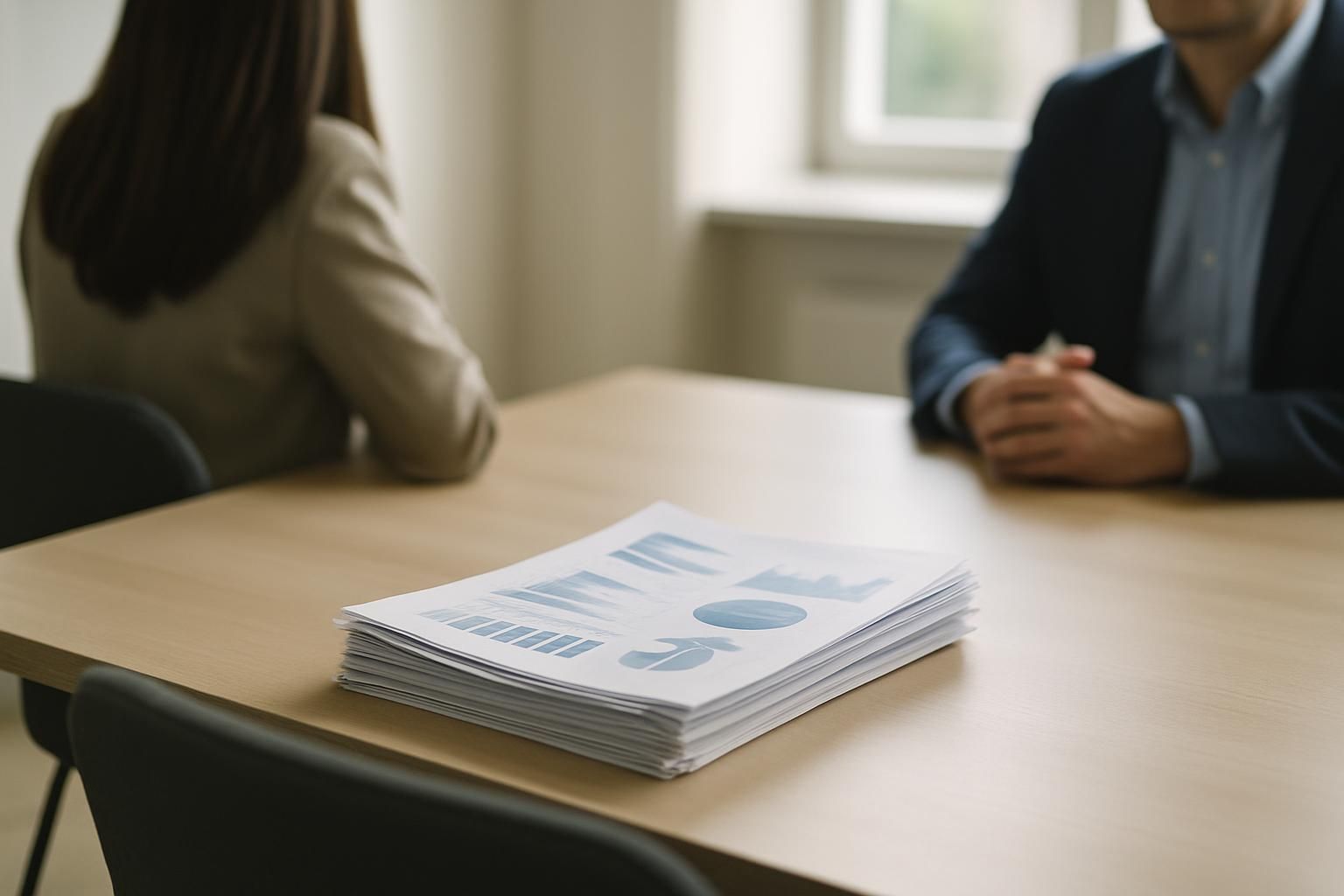 Stacked printed reports on a meeting table with two chairs, natural light from a window, no readable text