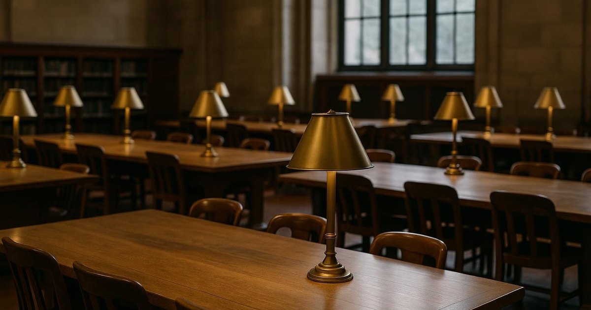 A quiet library reading room with wooden tables