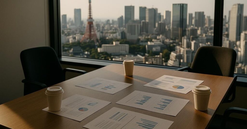Meeting room table with documents and Tokyo skyline