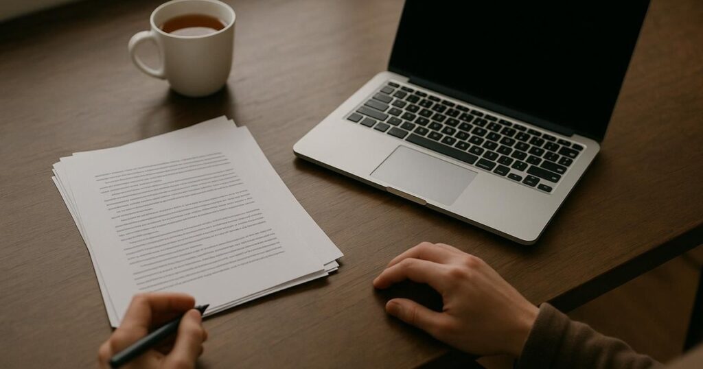 Japanese manuscript pages and a laptop on a desk
