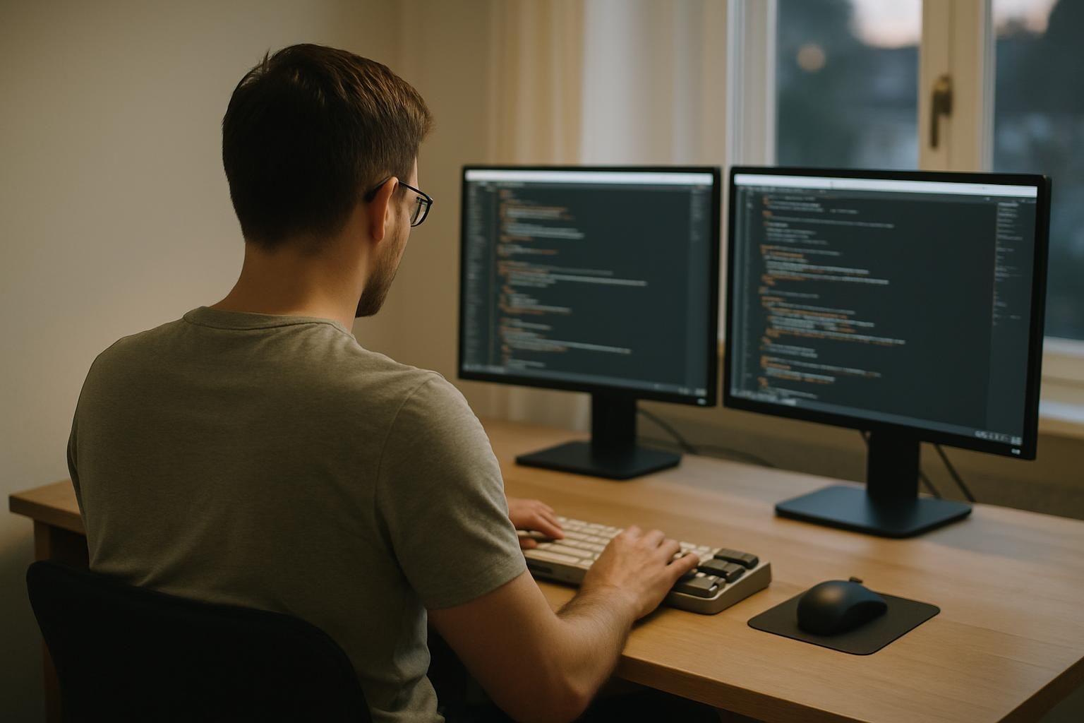 A developer at a desk with a mechanical keyboard and two monitors seen from behind, evening light