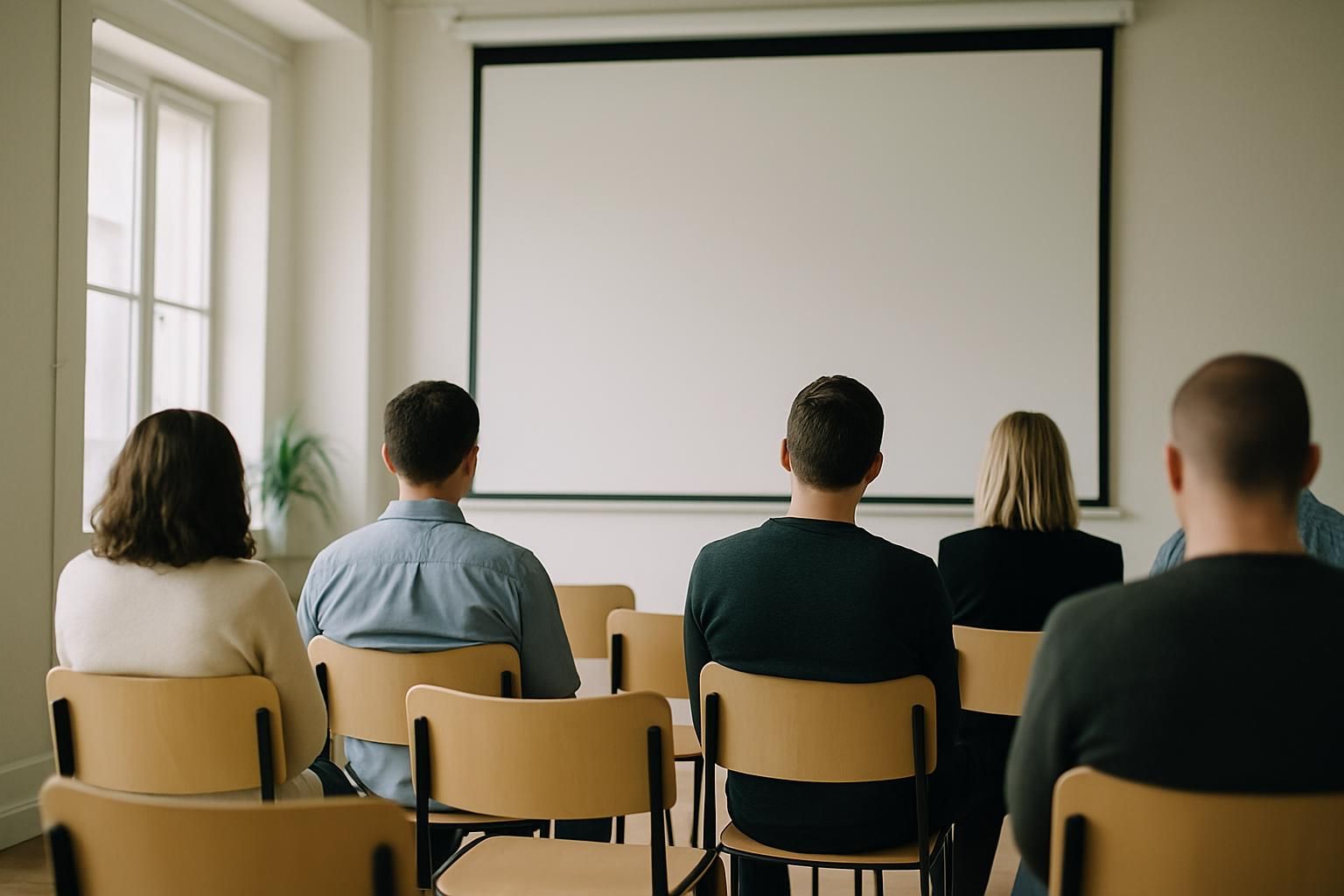 A small meetup room with chairs facing a screen, before the event, no text on the screen
