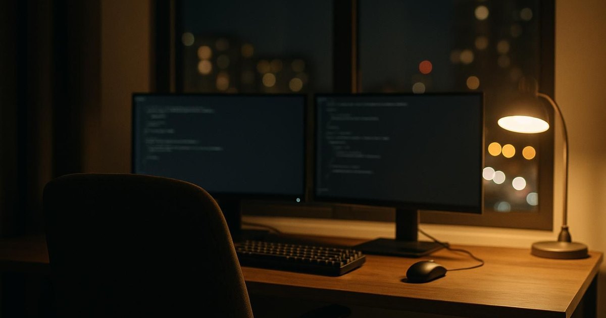 A developer workspace at night with monitors and a keyboard