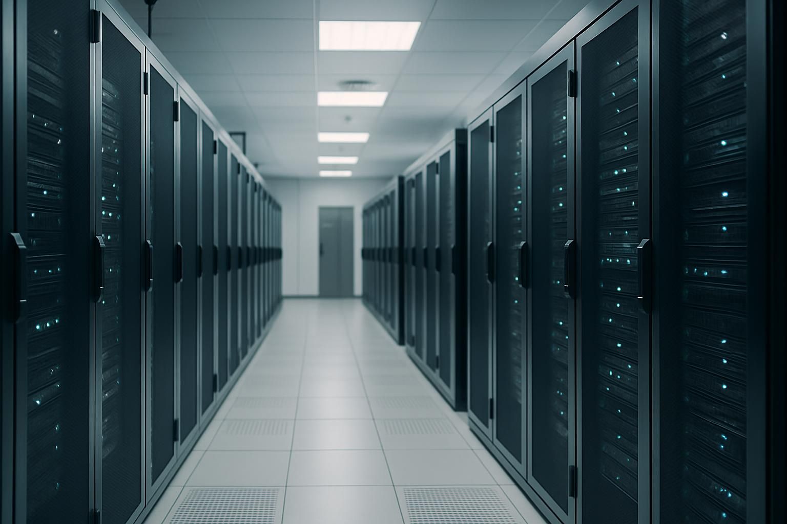 Server room corridor with racks receding into the distance, cool light, no labels or text