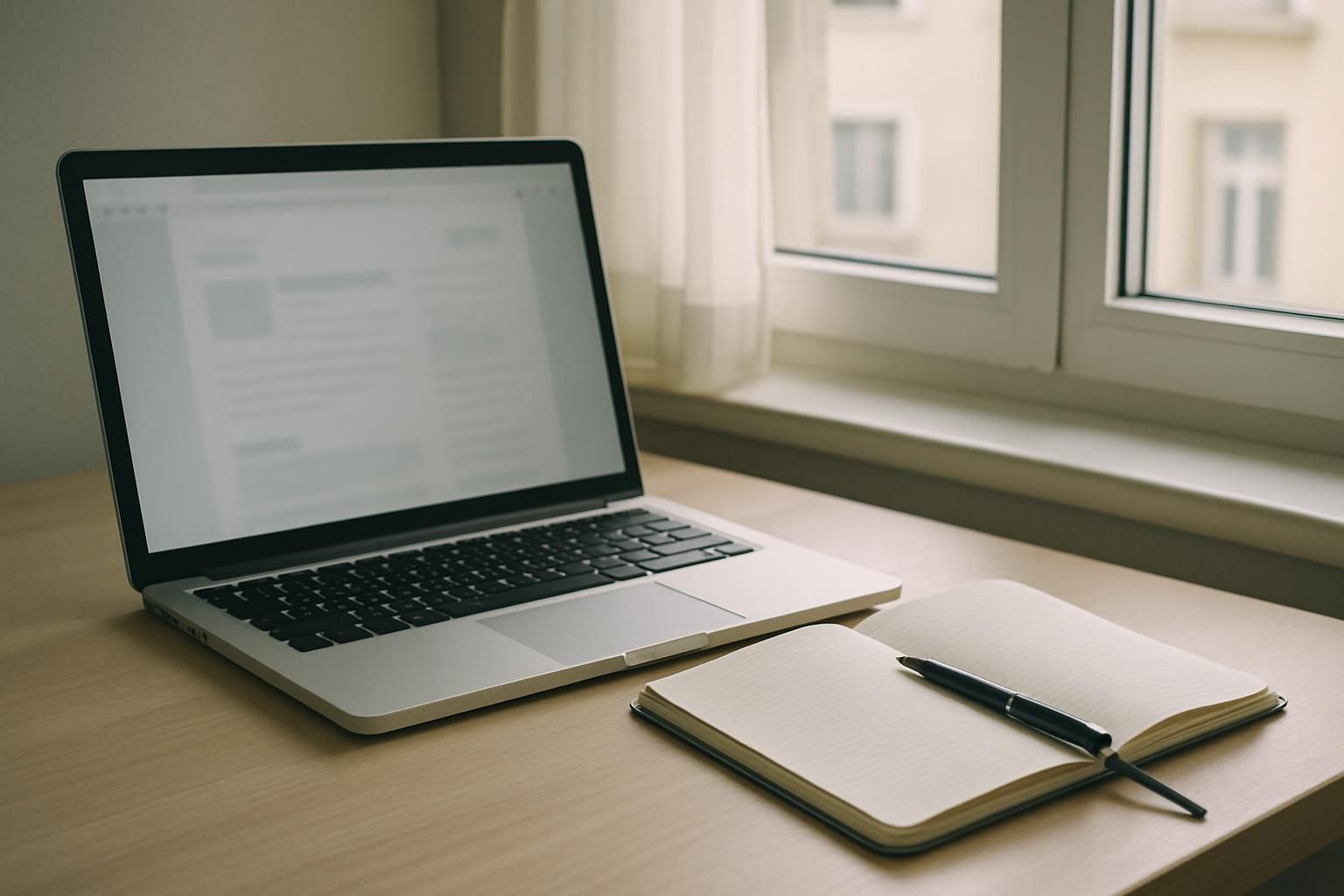A laptop and notebook on a desk beside a window with soft daylight, no readable screen content