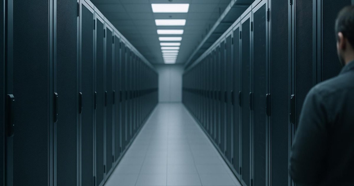Server racks receding down a data centre corridor in cool light
