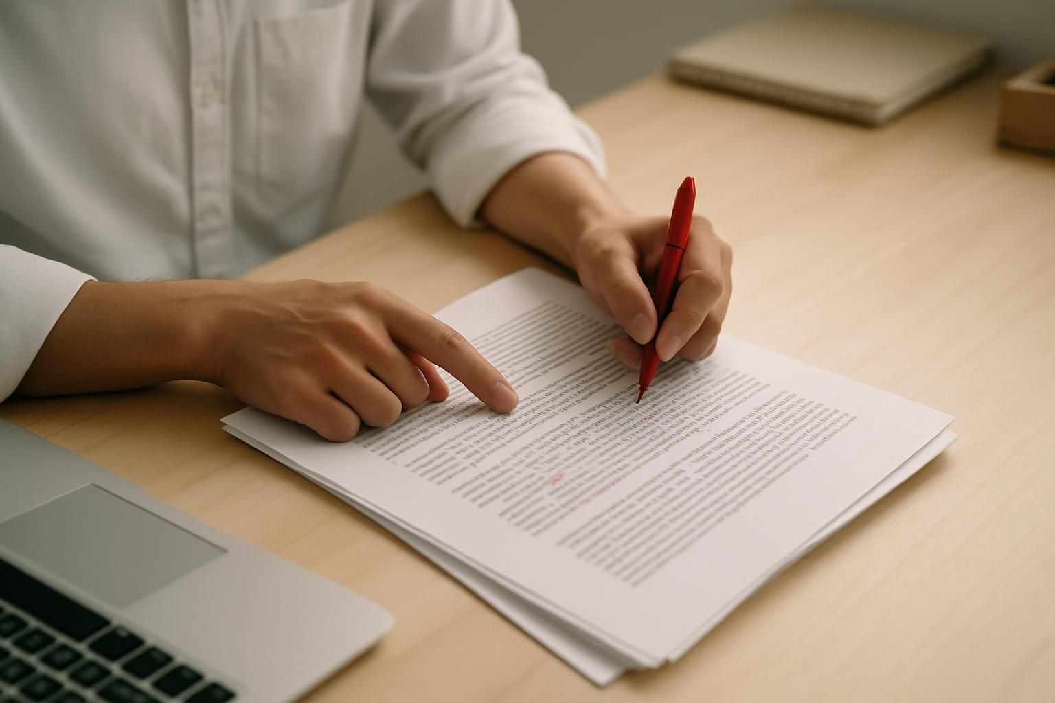 A Japanese editor marking up a printed manuscript on a desk, only hands visible