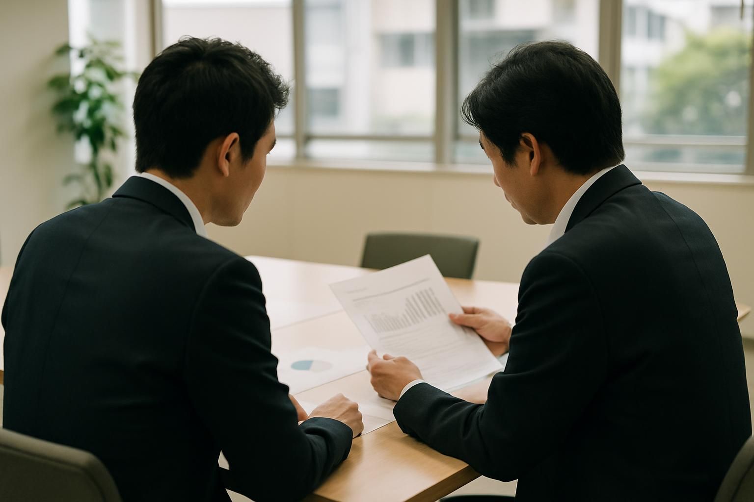 Two colleagues reviewing documents across a meeting table in a Japanese office, seen from behind