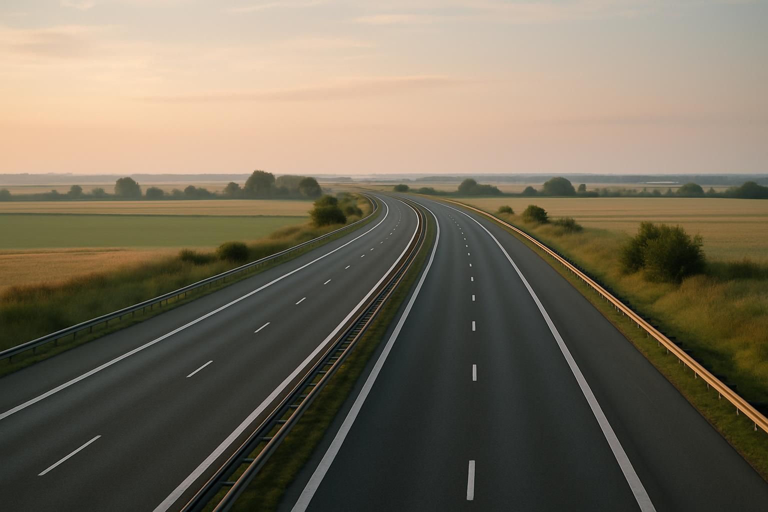 An empty motorway crossing a flat European landscape at dawn, no signage visible