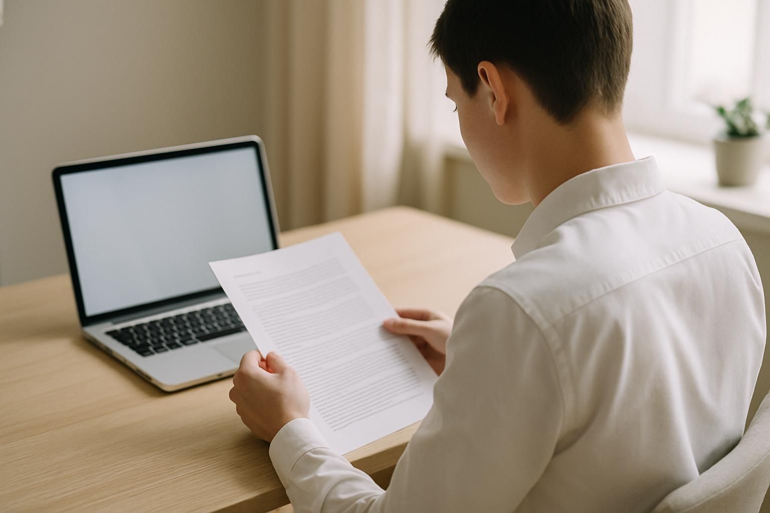 A person reading a printed document at a desk beside a laptop, seen from the side, text not legible