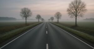 An open road crossing a flat northern European landscape at dawn