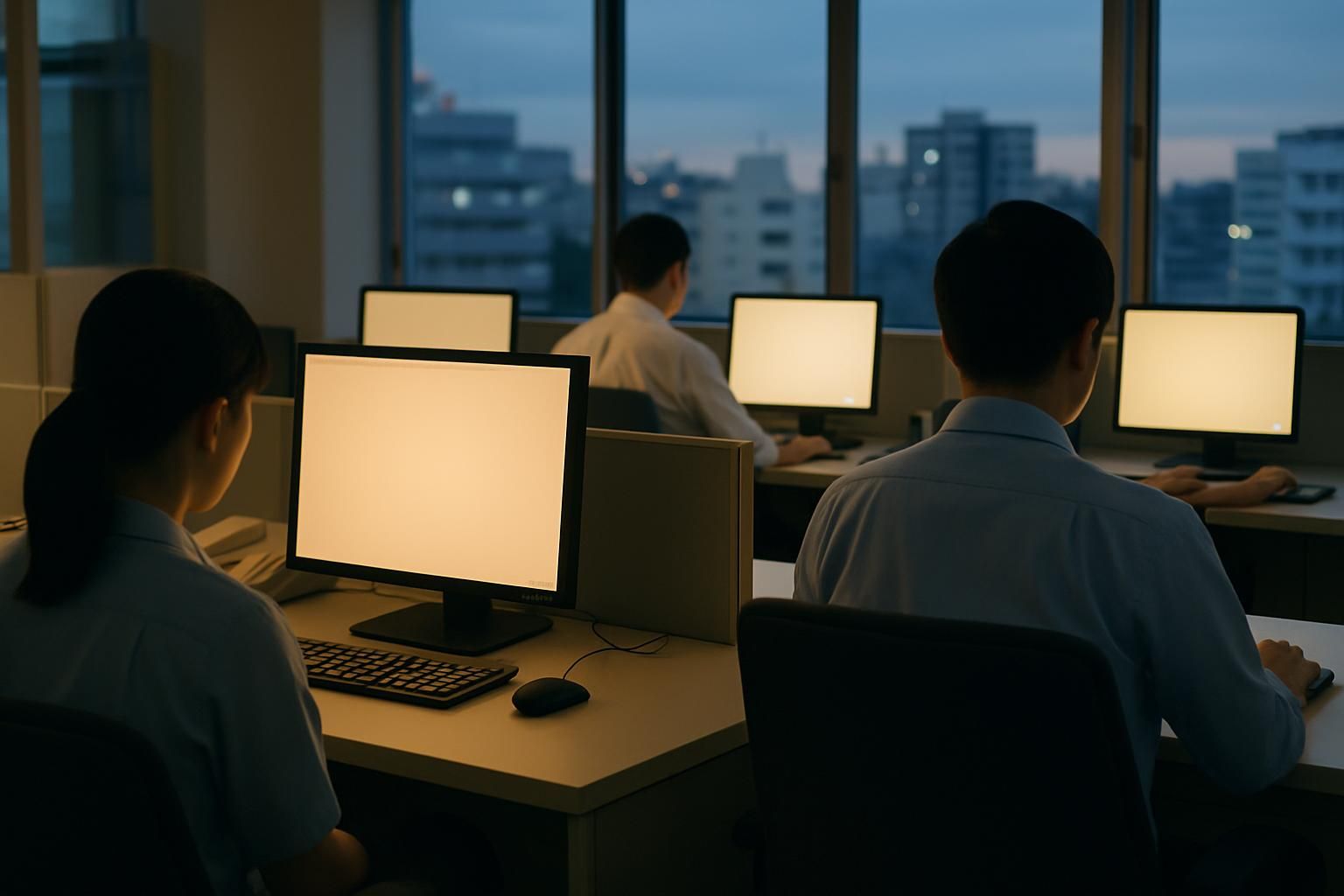Desktop computers in a Japanese office at dusk, screens glowing, seen from behind