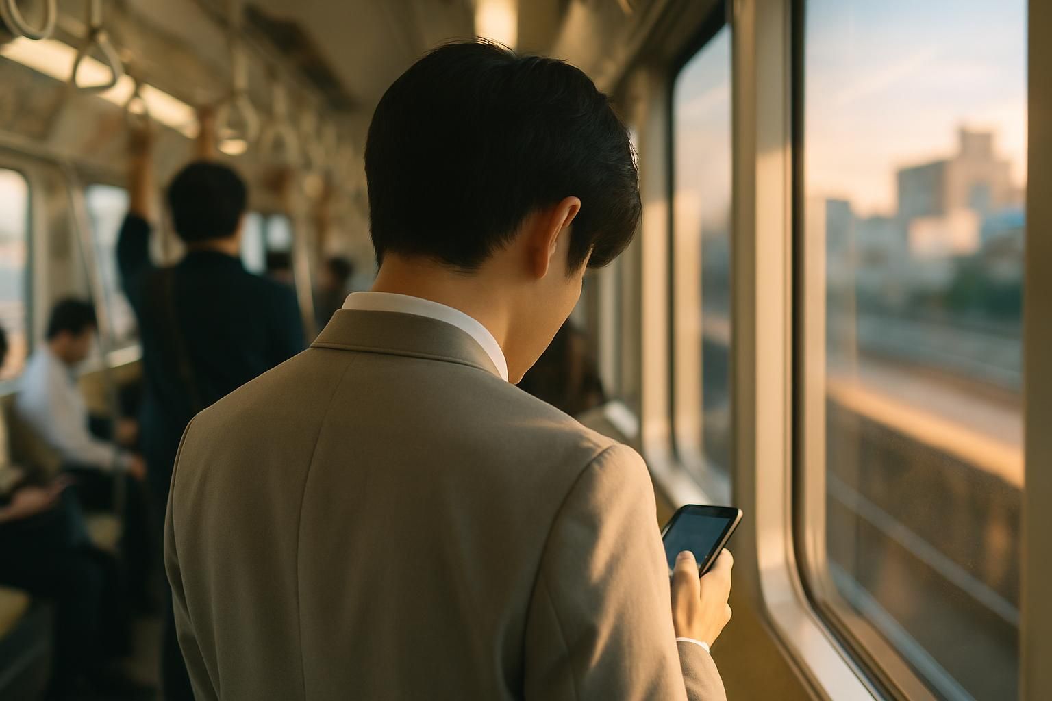 A commuter looking at a smartphone on a Tokyo train, viewed from behind, evening light