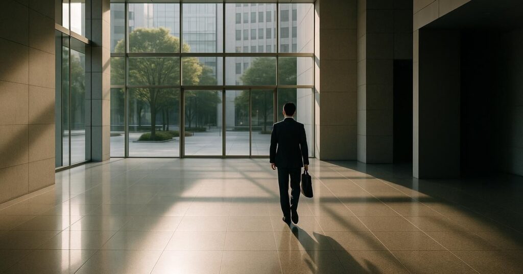 Modern Japanese office lobby in morning light