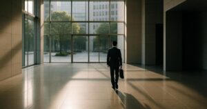 Modern Japanese office lobby in morning light