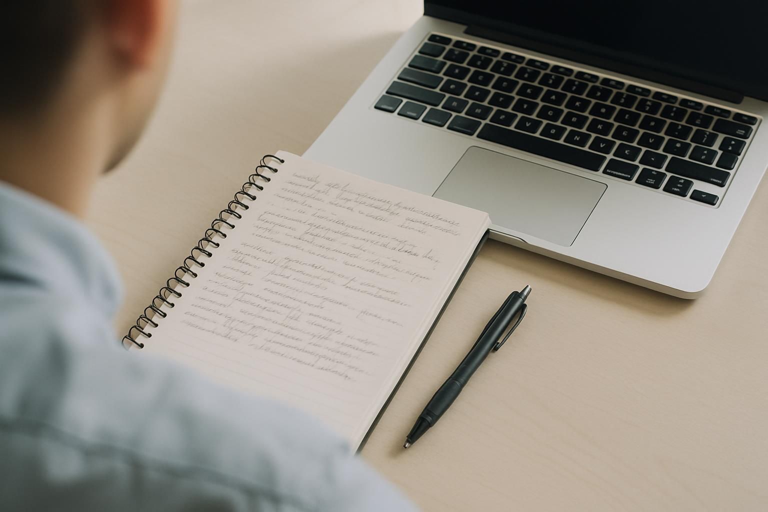 A notebook with handwritten notes and a pen on a desk beside a laptop, overhead view, writing not legible