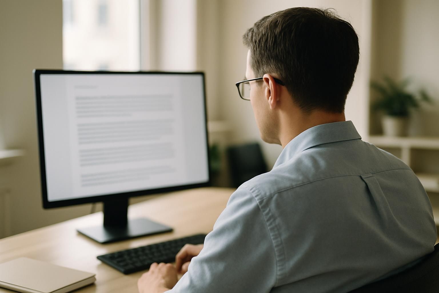A person seated at a desk reading from a monitor in a quiet office, seen from behind over the shoulder, screen content not legible