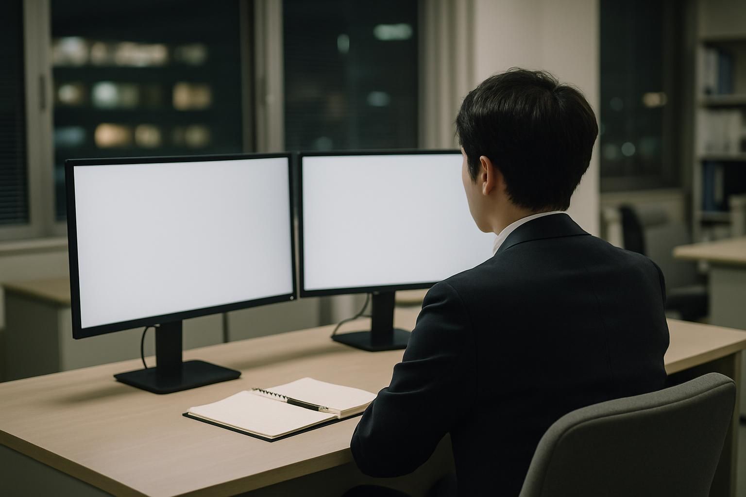 A desk with two monitors showing blank screens, notebook and pen, Japanese office at night, seen from behind