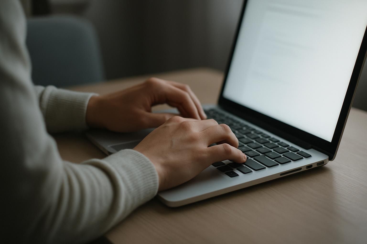 Close-up of hands typing on a laptop keyboard in low light, screen glow, no readable content