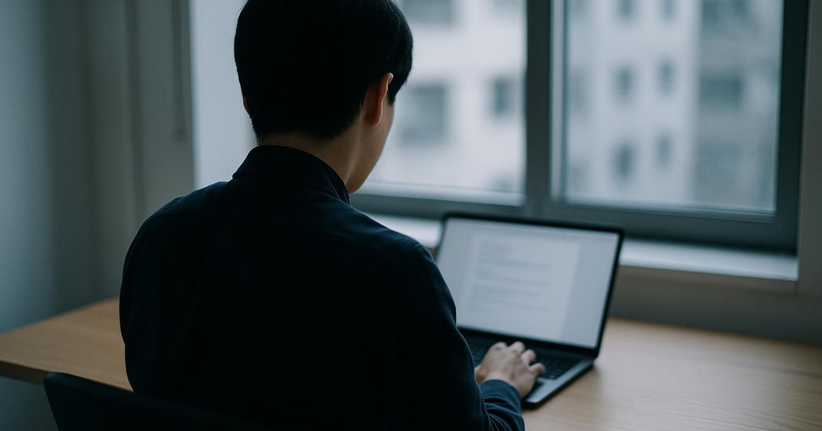 A person at a desk facing a window with a laptop open
