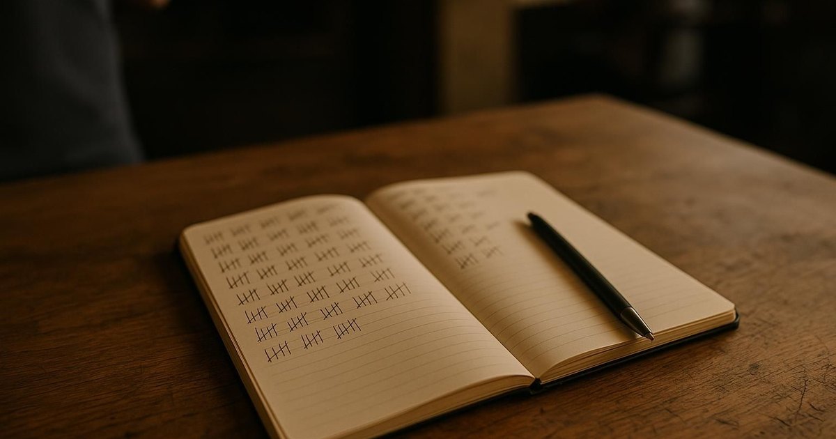 An open notebook with tally marks and a pen on a wooden desk