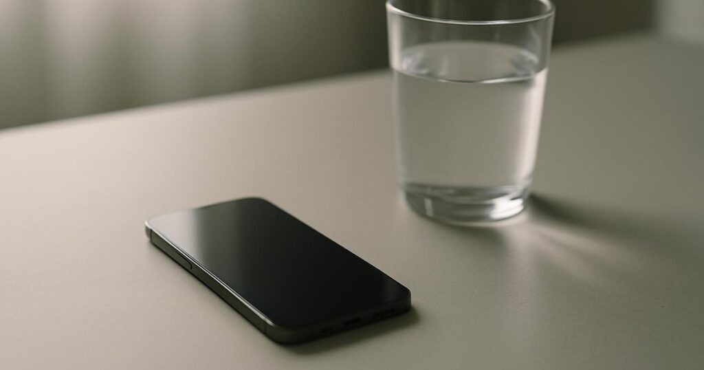 A smartphone face-down on a pale surface in soft daylight