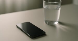 A smartphone face-down on a pale surface in soft daylight