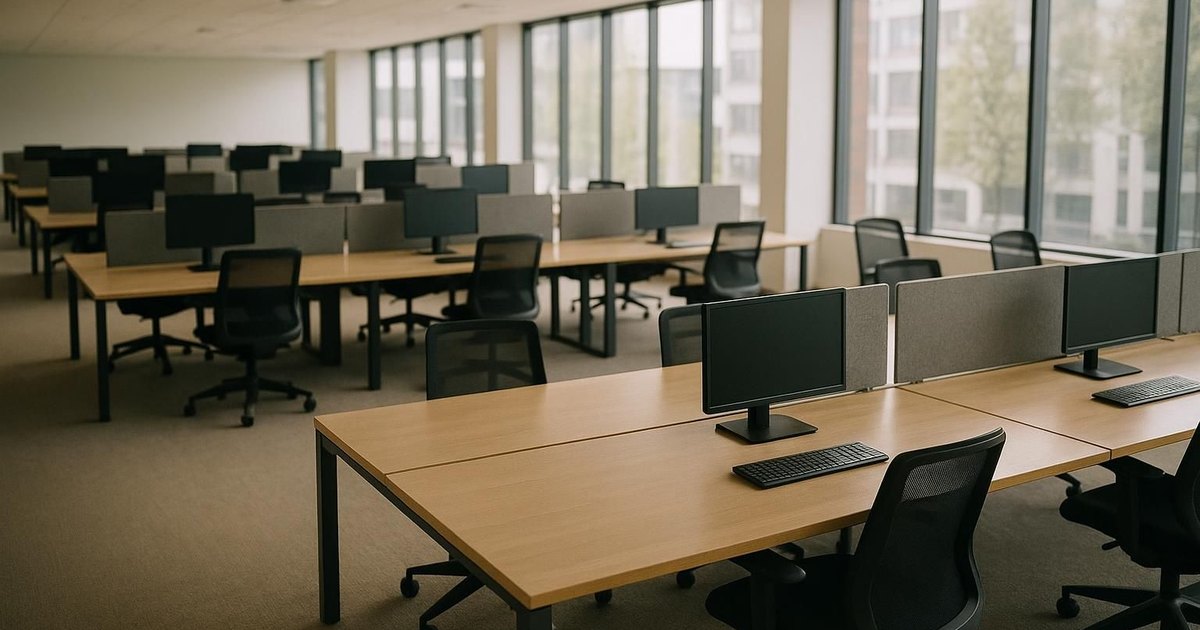 An empty open-plan office with vacant desks in daylight