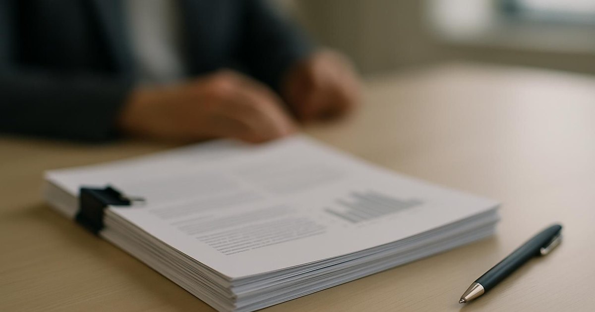 A clipped stack of printed documents and a pen on a desk