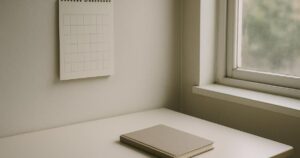 A wall calendar and notebook on a desk in spring daylight