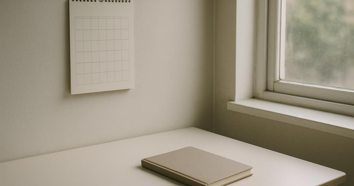 A wall calendar and notebook on a desk in spring daylight