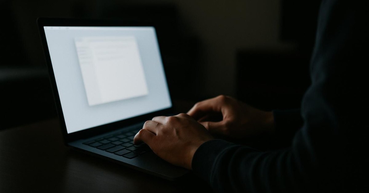 Hands typing on a laptop keyboard in low light