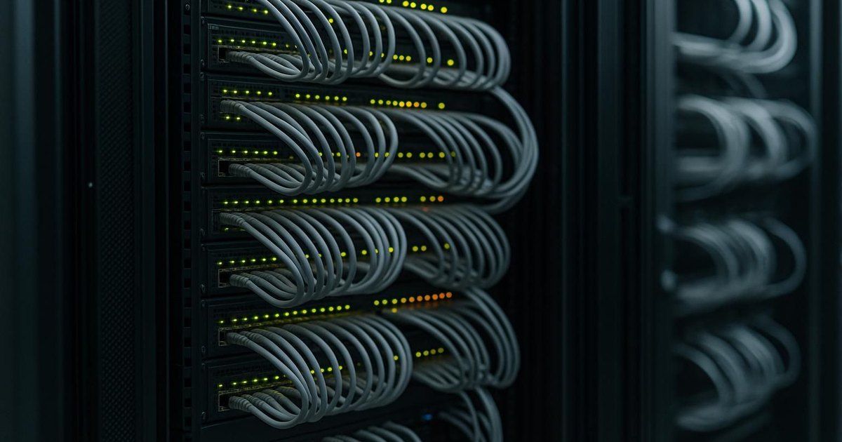 Network cabinet with neatly bundled cables and indicator lights