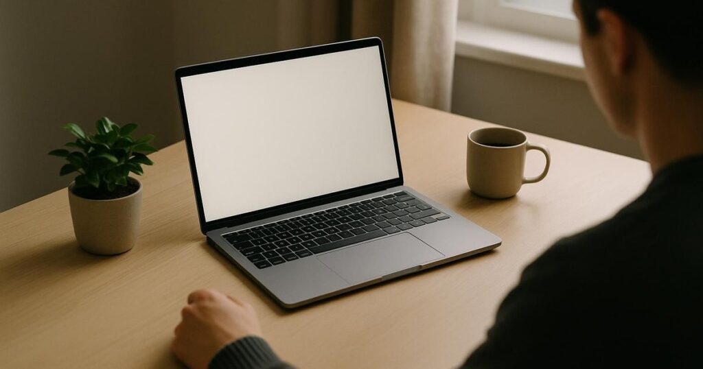 Overhead view of a desk with a laptop, plant and mug in soft daylight