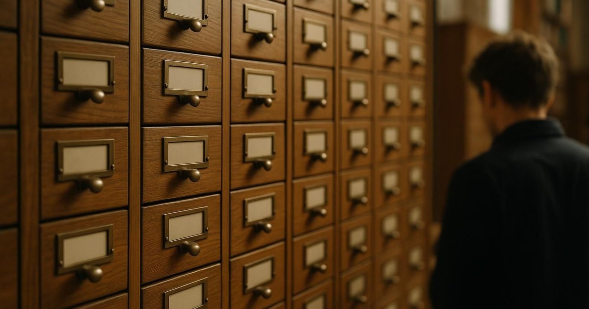 A wall of small wooden card-catalogue drawers